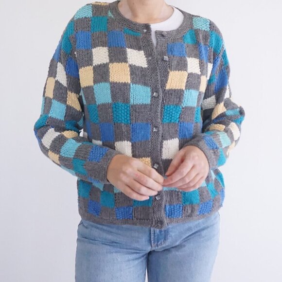 Vintage Christopher & Banks Grey Blue Checkered Button Up Cottagecore Cardigan M - Picture 2 of 12